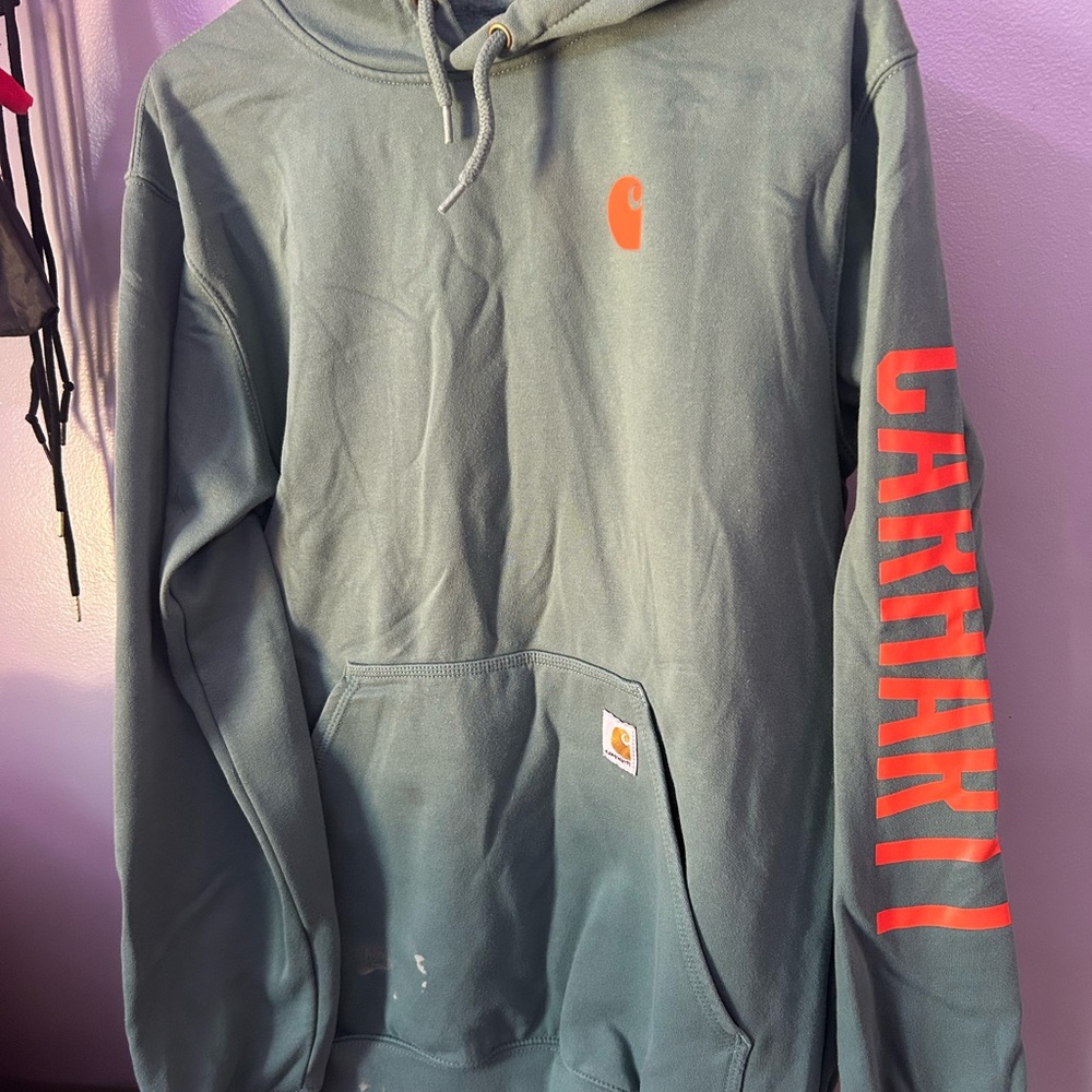 Carhartt Slate Blue Sweater with Orange Logo and Sleeve Text